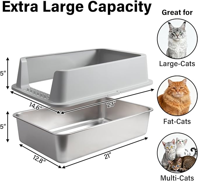 Stainless Steel Litter Box 2 Pack, Metal Cat Litter Box with Lid High Sides,XL Extra Large Litterbox for Big Cats,Non-Stick, Anti-Leakage,Easy to Clean,Include Litter Mat & Scoop,23x14.6x10in