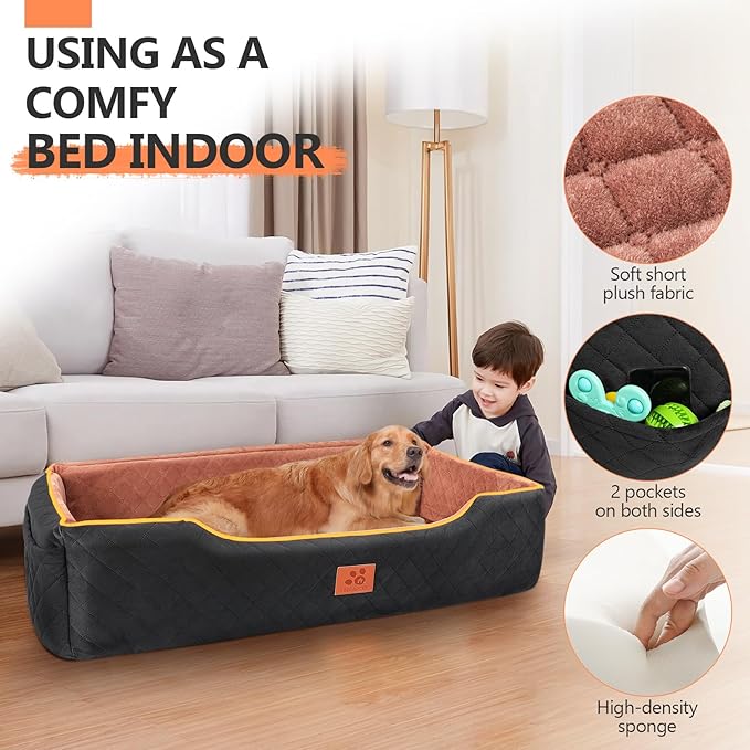 Large Dog Car Seat for Dods Under 100 Lbs, Memory Foam Dog Car Bed for Backseat & Trunk, Detachable and Washable Cover, Pet Travel Seat with Storage Pockets,2 Safety Belts