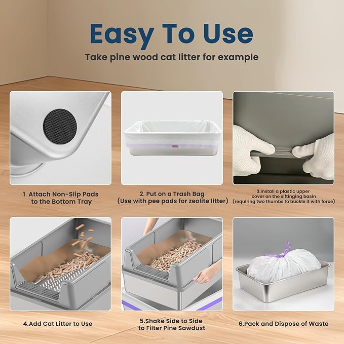 Stainless Steel Sifting Litter Box for Pine Pellets, 23.6" x 15.7" x 11.8" Large Sifting Cat Litter Box with Sifter, High Side for Big Cats, Anti-Leakage, Odor Control, Includes Scooper