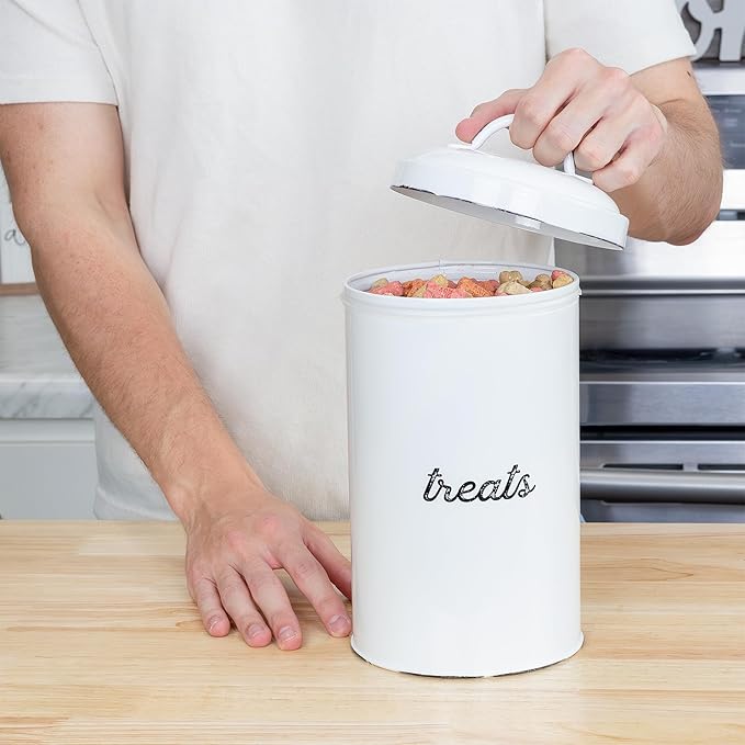 AuldHome Design Enamelware Dog Treat Jar, White Rustic Treats Container