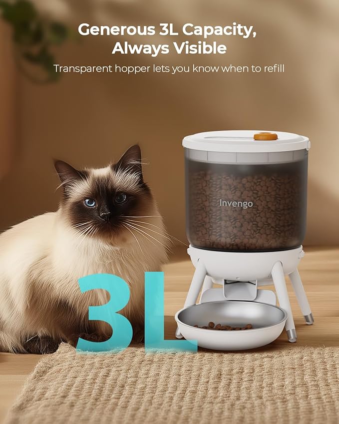 Automatic Cat Feeder, 3L Timed Pet Feeder for Cats & Small Dogs, Dual Power USB & Battery, Clear Hopper, Easy-Clean, Dry Food & Kibble, Up to 6 Meals Daily