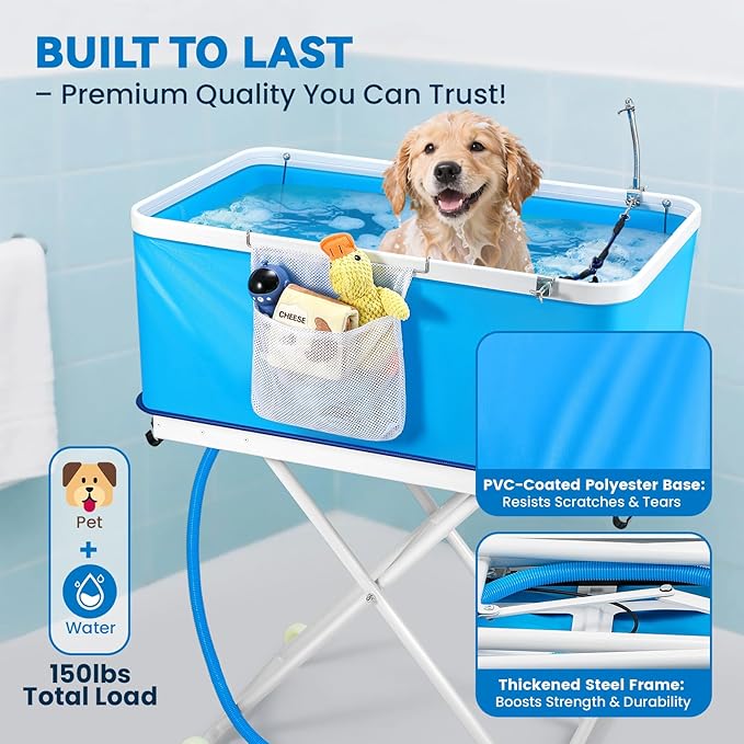 Portable Dog Bathtub, Effortlessly Adjust Height, Elevated Foldable Wash Station for Bathing Shower Grooming, Indoor & Outdoor, for Medium to Large Size Dogs