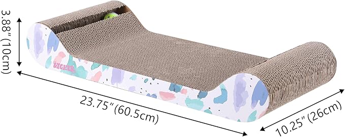 CSR1003A Rini 23.75" Modern Cardboard Lounge Bed Cat Scratcher with Built-in Bell Toys and Catnip, White/Multi