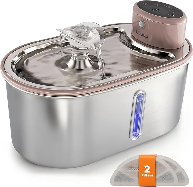 Wireless Cat Water Fountain Stainless Steel 108oz/3.2L, Cordless, Battery Operated Cat Fountain (Last up to 50 Days), Ultra Quiet, 2 Flow Modes, Multi-Filtration, BPA Free, Includes 2 Filters - Creamy