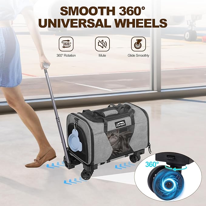 Airline Approved Cat Carrier with Wheels, Airline Cat Carriers in Cabin up to 13lbs, Rolling Soft-Sided Travel Bag for Small Cats and Dogs with Upgraded Wheels and Pet Bowl 16.5 * 11 * 10.2in, Grey