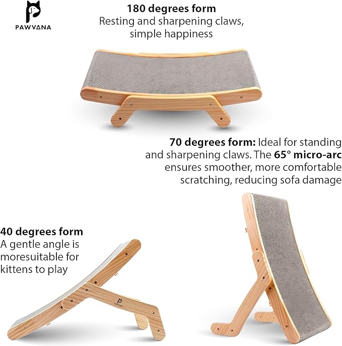 Cat Scratching Board, 3-Position Corrugated Cardboard Cat Scratcher & Lounger with Natural Wood Frame. Large Cats Scratch Pad & Bed for Kittens & Adults. Cat Enrichment & Furniture Protector