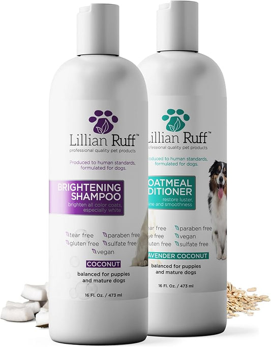 Lillian Ruff Brightening Shampoo & Oatmeal Conditioner Set for Dogs – Safe for Cats - Tear Free Coconut Scent with Aloe for Normal, Dry & Sensitive Skin