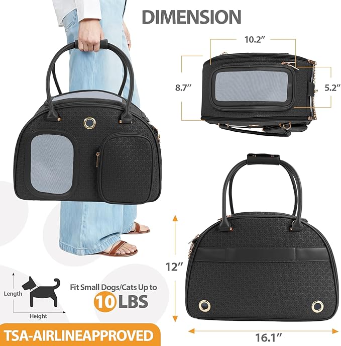 Dog Purse Carrier for Small Dogs, TSA Airline Approved Pet Tote Bag, Fashion Soft-Sided Puppy Carrier Purse with Pockets for Travel, Shopping, Daily Use (Black, 16.1inch x 8.7inch x 12inch(LxWxH))