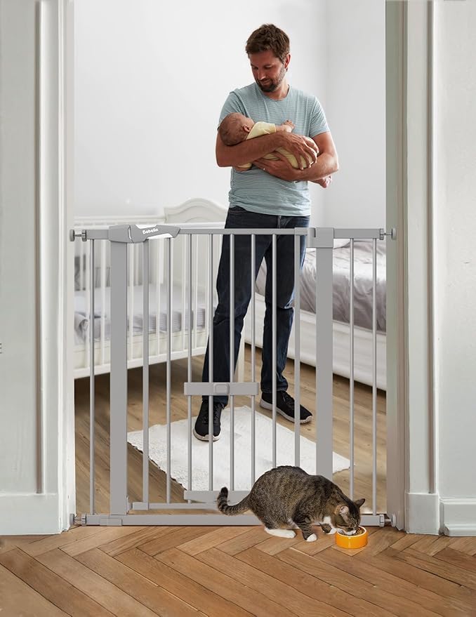BABELIO 36 Inch Extra Tall Baby Gate with Cat Door, 29-40" Metal Pet Door for Stairs, Doorways, House, Auto Close, Easy Walk Thru, Gray