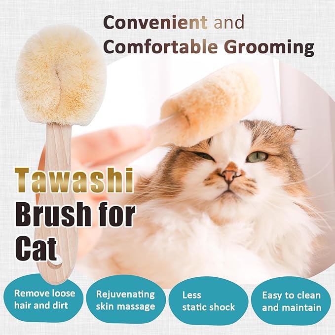 Cat Grooming Massage Tawashi Brush with Wood Handle Less Static Natural Sisal Fiber Made in Japan (Type-B)