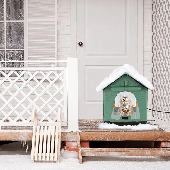 BWOGUE Elevated Heated Cat House for Outdoor Cats in Winter, Waterproof & Insulated Feral Cat Shelter for Outside Cats,Weatherproof Feral Cat House for Outside (Green, S)