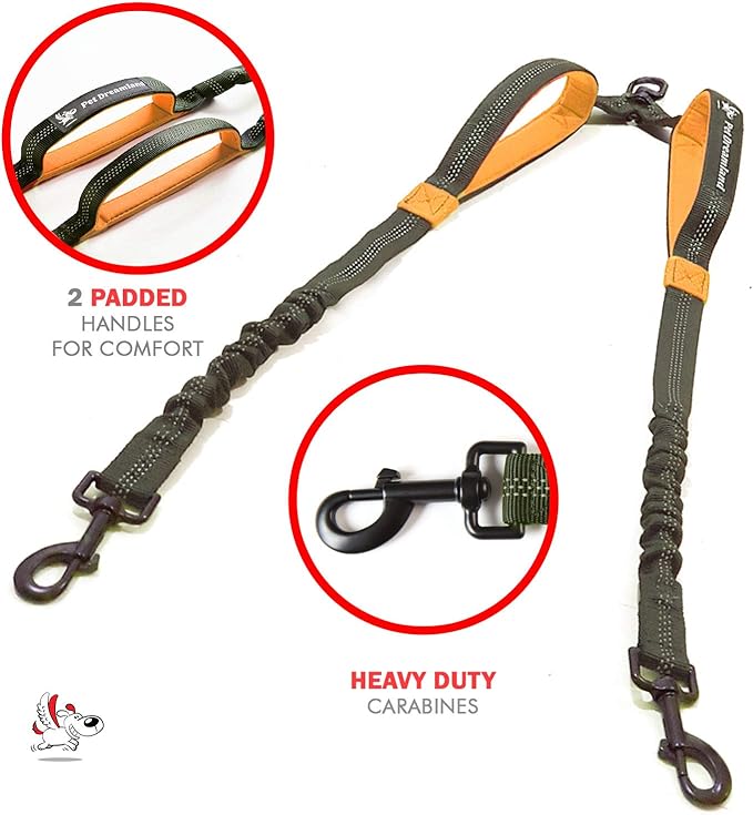 Pet Dreamland Exquisite Double Dog Leash Coupler with Tangle-Free Swivel. Premium & Versatile Attachment for Walking Two Dogs. You Will Absolutely Love This Amazing Dual Dog Coupler (Khaki & Orange)