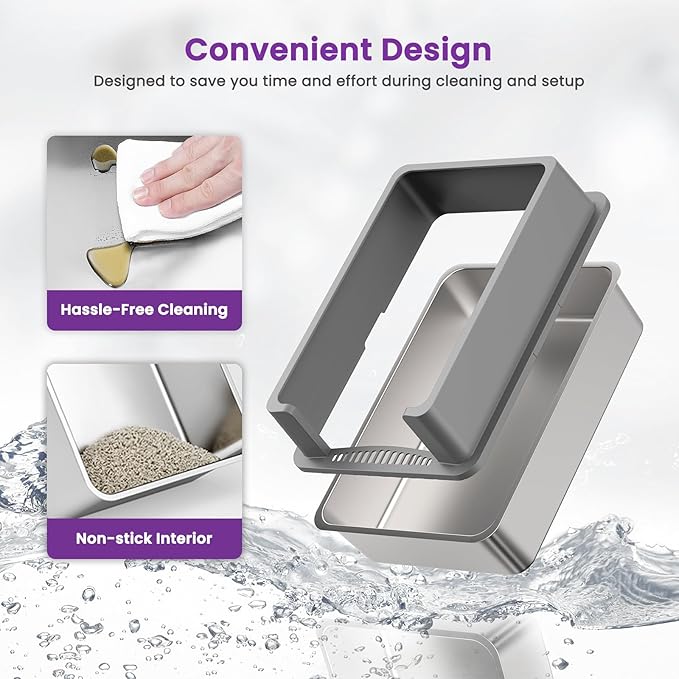 【No Sifting】 Tiuubt XXXL Stainless Steel Litter Box for Cats, 28''x20''x12'' Extra Large Metal Litter Box with High Sided Lid, for Big Cats, Multi-Cat Household, Non-Sticky & Easy to Clean