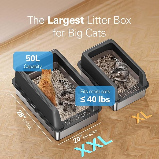 Zarler XXXL Stainless Steel Litter Box, Extra Large Cat Litter Boxes 27.8" L x 20" W x 12.9" H, Metal Litter Box with Lid for Multiple Cats, High Sided, Non-Sticky, Anti-Urine Leakage (Grey)