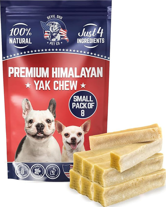 Devil Dog Pet Co. Himalayan Yak Cheese Dog Chews, Small - 8 Pack, 100% Natural & Healthy, Lactose-Free, Long-Lasting Dog Treats, Premium Yak Milk Chew Bones for Dogs