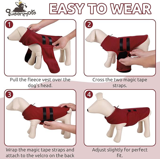 Queenmore Small Dog Sweater, Soft Fleece Vest Pullover Dog Jacket with Leash Hole, Warm Winter Dogs Clothes Cold Weather Doggy Dachshund Sweaters for Small Doggy Cats Boy or Girl (Burgundy, S)