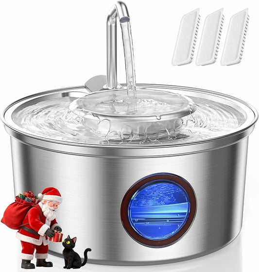 Cat Water Fountain Stainless Steel - 108oz/3.2L Ultra-Quiet Cat Fountain for Drinking with Removable Water Bowl, Kitty Spout Fountain with 3 Filters Supplies for Cats, Small Dogs, Multiple Pets