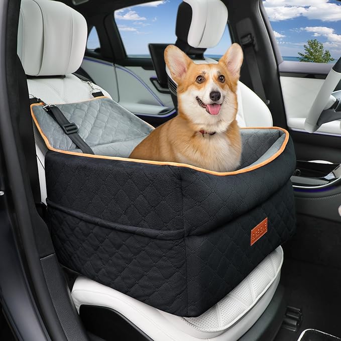 Dog Car Seat - Memory Foam Booster for Small Dogs 0-35 lbs, Anti-Slip with 2 Adjustable Leashes, Elevated Dog Travel Bed with Storage Pockets