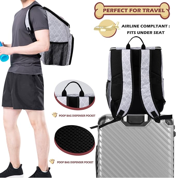 BAGLHER Dog Travel Bag Backpack, Airline Approved Pet Supplies Backpack, Dog Travel Bag with 2 Silicone Collapsible Bowls and 2 Food Baskets DLWhite