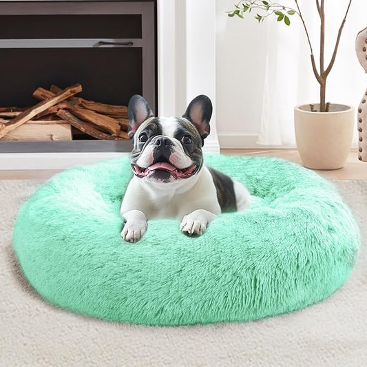 JOLLYVOGUE Calming Dog Bed Medium Size Dog, 31in Donut Washable Medium Pet Bed, Anti-Slip & Anti-Anxiety Fluffy Faux Fur Round Dogs Bed, Fits up to 45 lbs Pets (Mint Green)