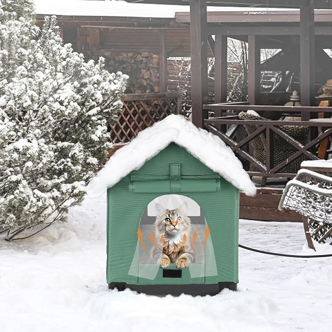 BWOGUE Elevated Heated Cat House for Outdoor Cats in Winter, Waterproof & Insulated Feral Cat Shelter for Outside Cats,Weatherproof Feral Cat House for Outside (Green, S)
