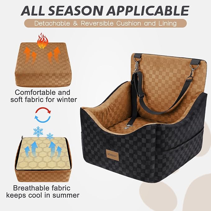 JOEJOY Elevated Dog Car Seat for Small/Medium Dogs up to 35 lbs, Memory Foam Booster Seat with Detachable Washable Cover, Travel-Safe Car Bed with Safety Belts & Storage Pockets, Brown