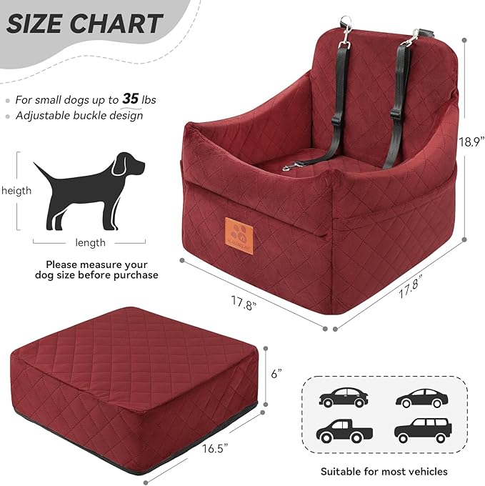 Dog Car Seat for Small/Medium Dogs, Dog Booster Car Seats with Thick Cushion for Dogs Under 35lbs, Detachable Washable Pet Carseat with Storage Pockets, 2 Safety Belts(Red)