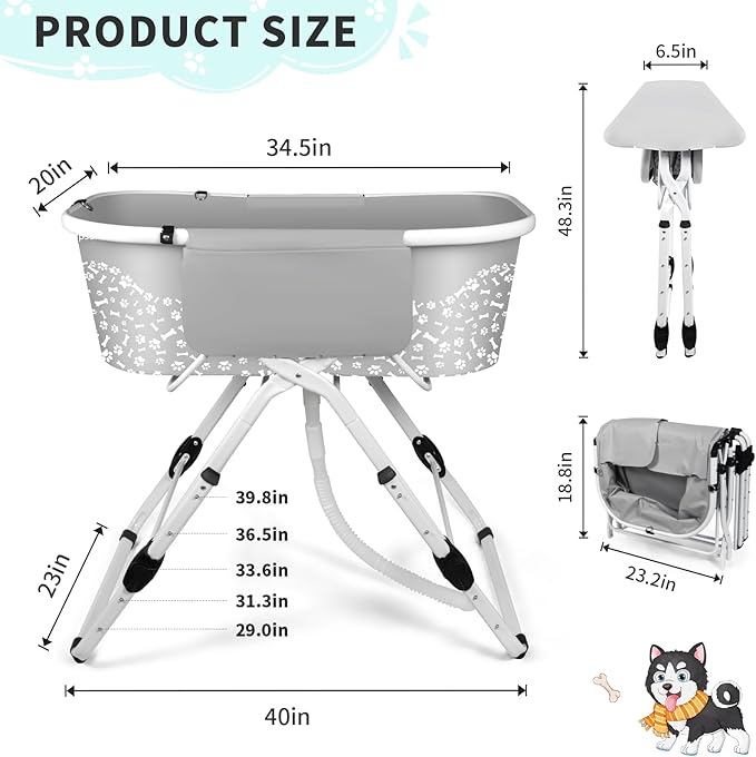 BACOENG Portable Dog Bathtub, 5 Height Adjustable Dog Washing Station, Dog Tubs for Bathing and Grooming, Pet Bath Tub for Small to Large Dogs, Indoor and Outdoor Use