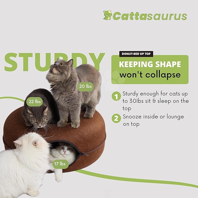 Cattasaurus Peekaboo Cat Cave Donut for Multiple & Large Cats up to 30-45 lbs, 3-in-1 Self Warming Cat Bed, Tunnel & Scratcher for Indoor Cats, Washable & Detachable Small Dog Bed (Brown, Large)