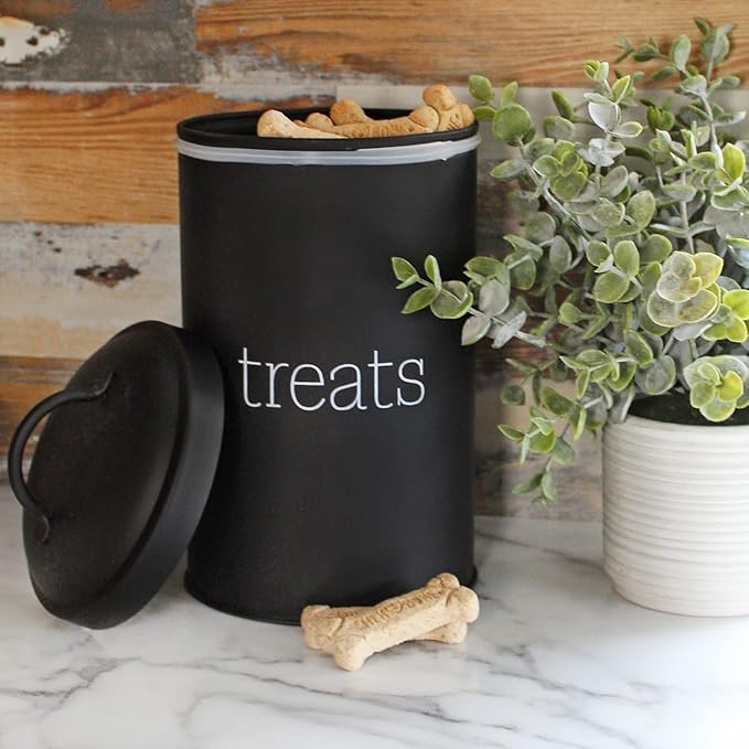 AuldHome Design Enamelware Dog Treat Jar (Black), Large Modern Farmhouse Pet Treats Container