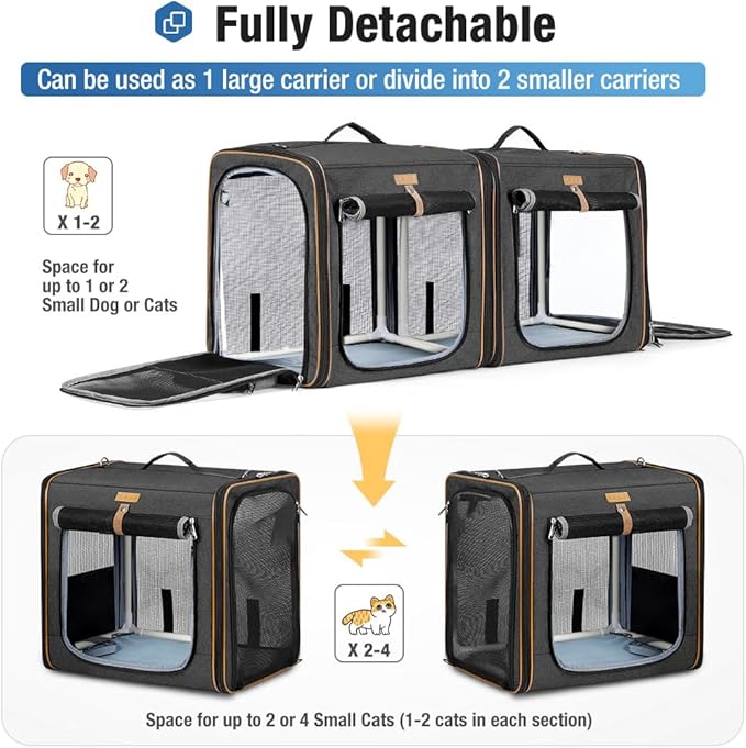 Lekereise 2-in-1 Cat Travel Carrier with Litter Box, (17.7" x2) x16.5"x13" Large Cat Carrier with Zipper Locks for Moving Across The Country (No Hammock) - Black