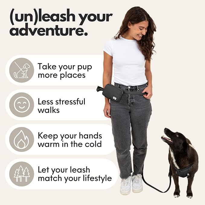 elby - Hands Free Dog Leash with Treat Pouch - Dog Walking Accessories - Dog Training Leash with Fanny Pack - Dog Accessories and Walking Essentials - Medium and Large Dogs (Black, Regular)