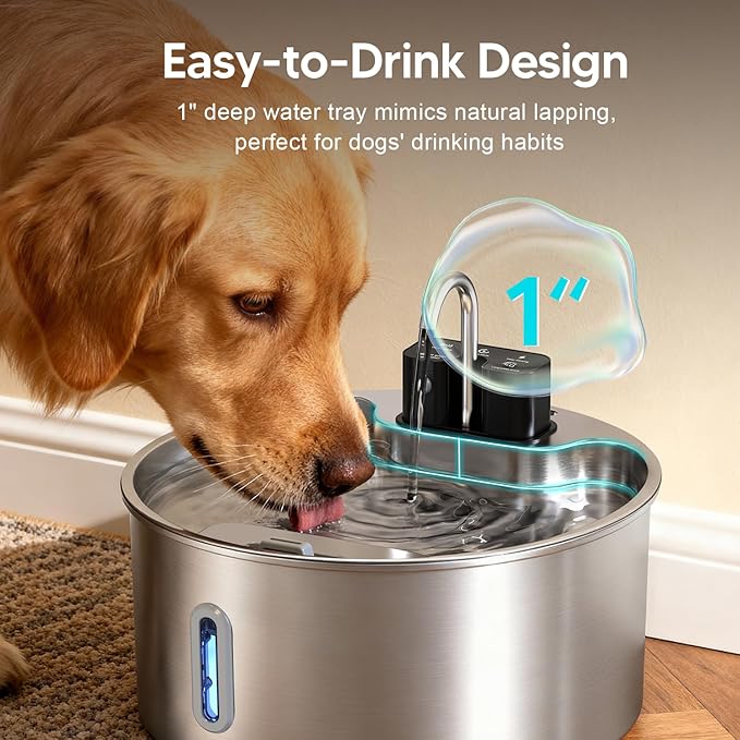 Voluas Dog Water Fountain: 1.8Gal/7L Wireless Stainless Steel Dog Fountain Bowl for Small to Large Dogs, Battery Operated Pet Water Dispenser Indoor with Ultra-Quiet Pump, Multi-Filtration, Easy Clean