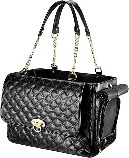 Fashion Dog Purse for Small Dogs with 2 Super-Large Pockets, Holds Up to 10lbs PU Leather Pet Carrier, Cat Carrier, Airline Approved Puppy Purse for Travel (Black, Small Size)