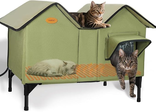 Heated Outdoor Cat House Weatherproof for Winter - Extra Large Heated Cat House for Outside, Elevated Bed, Escape Door, Fully Insulated Feral Cat Shelter for Multiple Cats Small Dogs, Easy Assembly