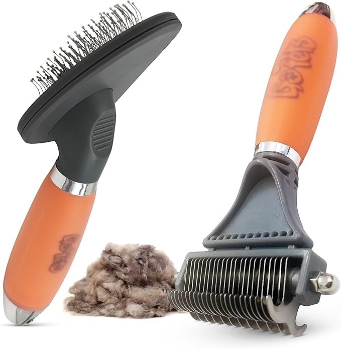 GoPets Dematting & Deshedding Brush Bundle, Double-Sided Grooming Tool, Small Pin Slicker Brush for Dogs & Cats, Undercoat Rake, Mat Remover, Hair Detangler, Tangle Control, Sensitive Pet Grooming