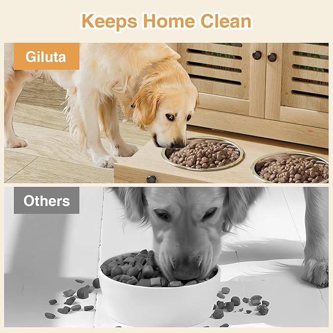 Giluta Dog Feeding Station with Storage Cabinet and 2 Elevated Dog Bowls, Hidden Pet Feeder Station Wood, Dog & Cat Storage Organizer, Natural Wood
