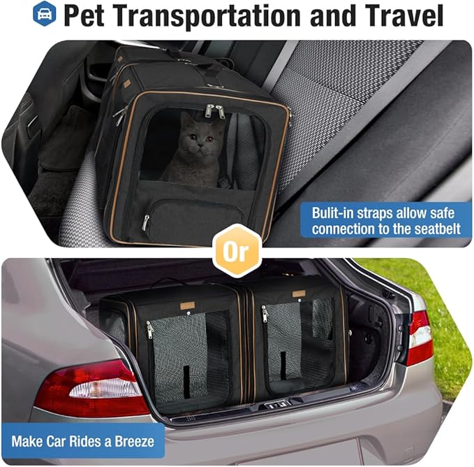 Lekereise 2-in-1 Cat Travel Carrier with Litter Box, (20.85" x2) x19.7"x19.7" Large Cat Carrier with Zipper Locks for Moving Across The Country (No Hammock) - Black