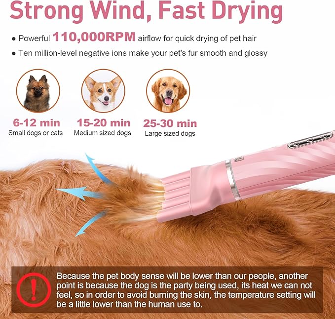 Discala Dog Dryer, Dog Grooming Blow Dryer Kit with Slicker Brush for Pet, High Velocity Blow Dryer for Dogs with Adjustable Speed and Temperature for Pet Grooming Supplies and Home Use, Pink