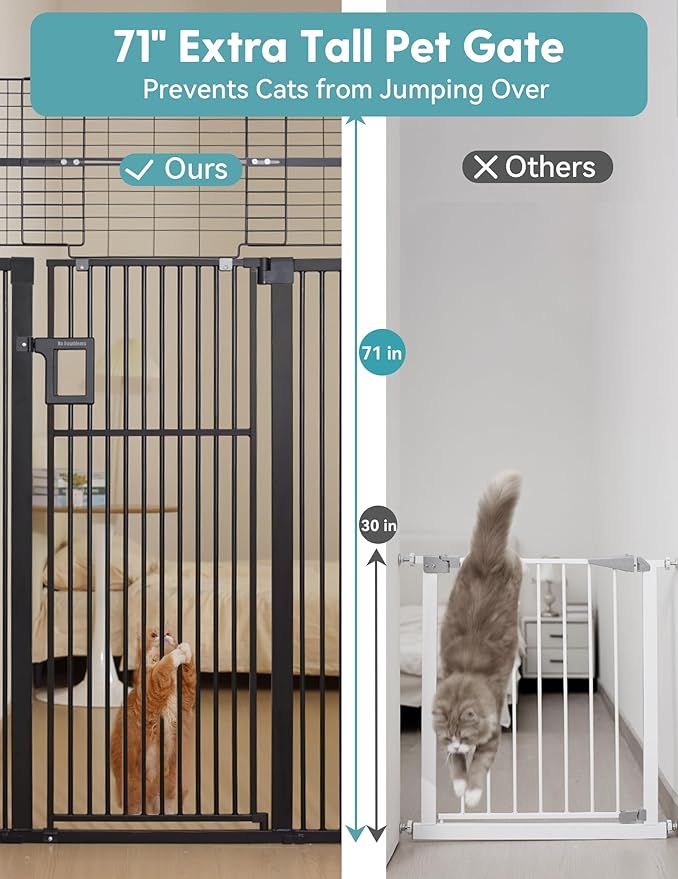 No Pawblems Upgraded 71" Extra Tall Pet Gate for Cat, 29-43" Auto Close Cat Gate for Doorways/Stairs/Hallways, NO Drilling Pressure Mounted Tall Dog Gate Indoor, 1.37" Pet-Safe Gap, Black