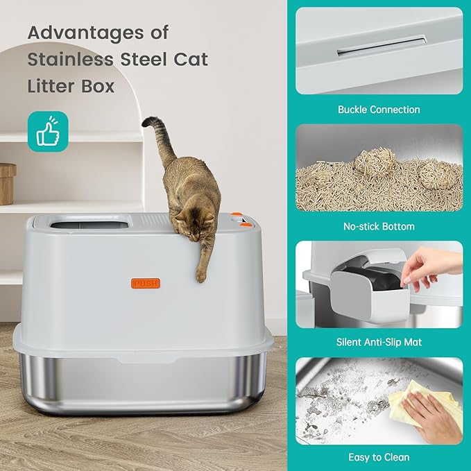 XL Stainless Steel Cat Litter Box Top Entry Extra Large Metal Litter Box with High Side for Big Cats, Multiple Cats, No Odor, Easy to Clean, Anti-Urine Leakage, Dog-Proof, Non-Sticky（Grey）