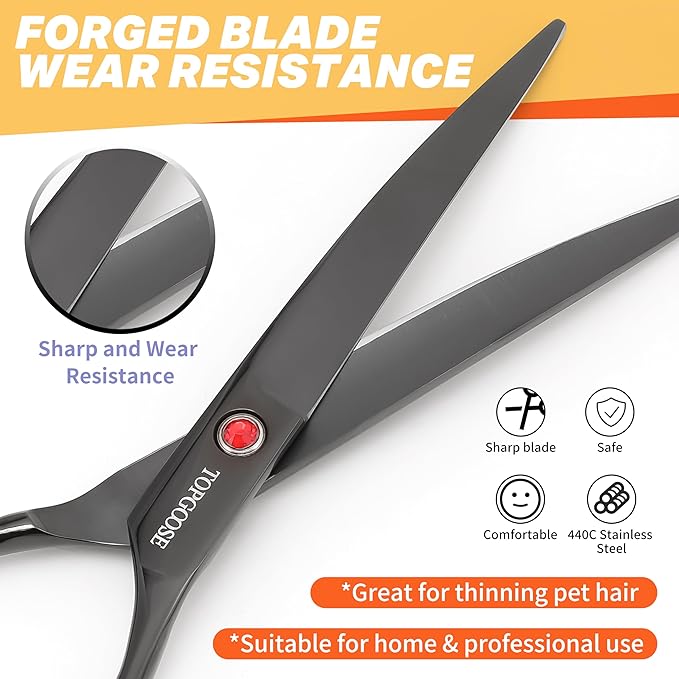 TOPGOOSE 7.5" Dog Grooming Scissor - Professional Down-curved Shear with Ergonomic Handle Japanese Stainless Steel Hair Scissor for Dogs, Cats and Other Pets, Sharp (Curved,Black)