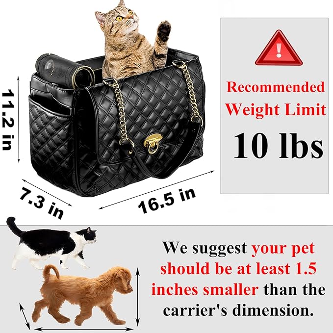 Fashion Dog Purse for Small Dogs with 2 Super-Large Pockets, Holds Up to 10lbs PU Leather Pet Carrier, Cat Carrier, Airline Approved Puppy Purse for Travel (Black, Small Size)