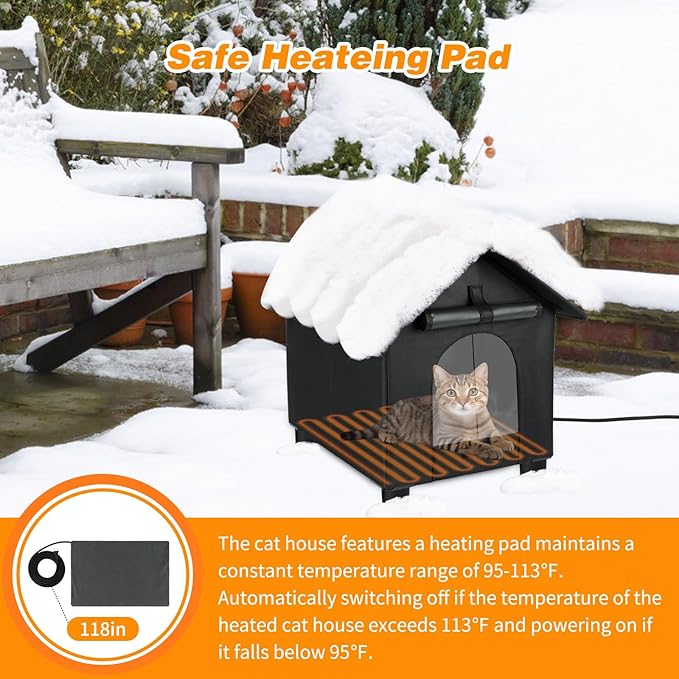 BWOGUE Elevated Heated Cat House for Outdoor Cats in Winter, Waterproof & Insulated Feral Cat Shelter for Outside Cats,Weatherproof Feral Cat House for Outside (Black, XL)