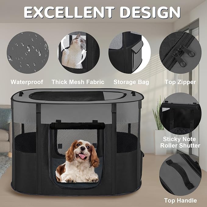 Large Dog Cat Playpen Crate with Waterproof Pad,Portable Collapsible Pet Dog Cat Kennel Cage Tent,Suitable for Indoor Outdoor Travel Camping,Water-Resistant Breathable Shade Cover (Grey L)