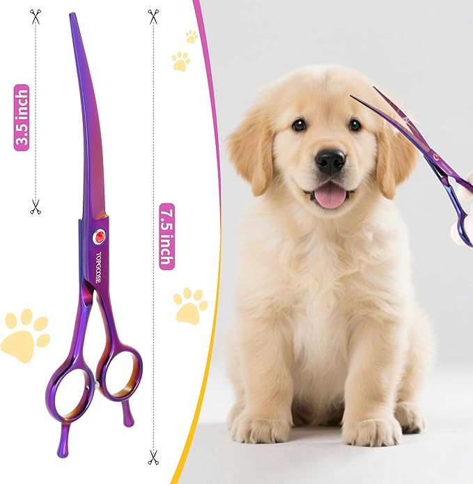 TOPGOOSE 7.5" Dog Grooming Scissor - Professional Down-curved Shear with Ergonomic Handle Japanese Stainless Steel Hair Scissor for Dogs, Cats and Other Pets, Sharp (Curved, Purple)