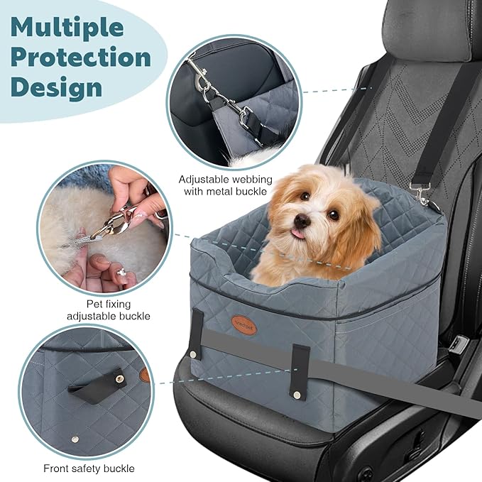 Dog Car Seat with Loops Dog Booster Seat for All Seasons, Anti Slip Bottom Pet Travel Bed with Thick Pets Sofa Cushion and Storage Pockets for Small Pets（Grey）