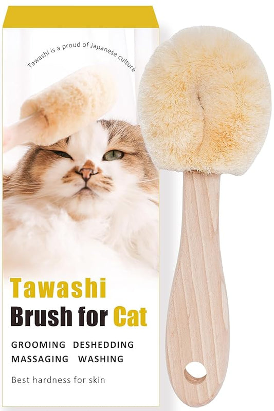 Cat Grooming Massage Tawashi Brush with Wood Handle Less Static Natural Sisal Fiber Made in Japan (Type-B)
