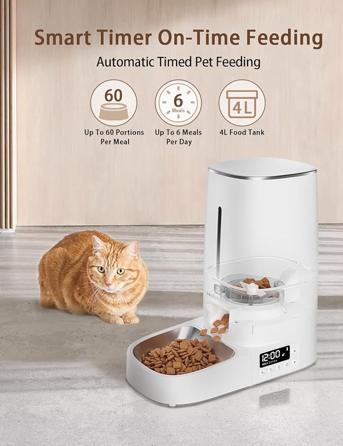 Automatic Cat Feeder,4L Programmable Timed Dog Food Dispenser,Portion Control,Pet Dry Food Container,Up to 60 Portions 6 Meals/Day,Opaque White,for Cats and Small Medium Dogs,for Travel & Weekend Use