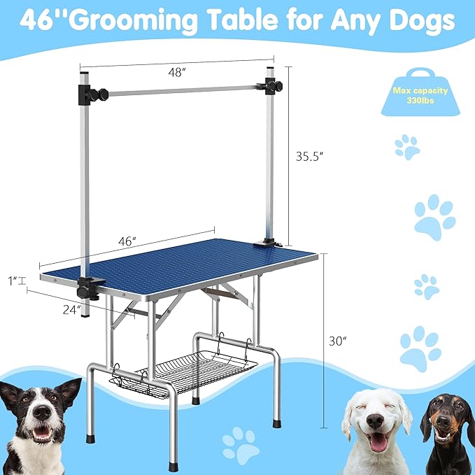 Lyromix 46''Large Dog Grooming Table, Adjustable Cat Drying Desktop with Arms, Nooses, Mesh Tray, Foldable Pet Station at Home, Maximum Capacity Up to 330Lb, 46inch, Blue